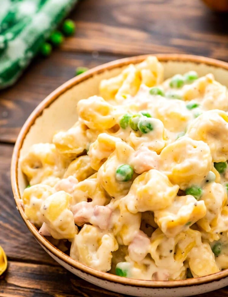 Ham and cheese tortellini in bowl