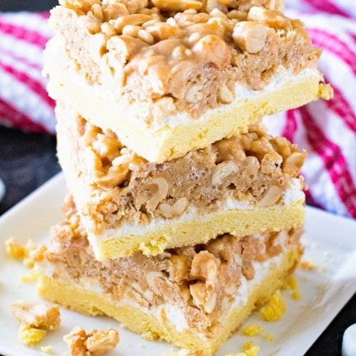 Tall stack of salted nut roll bars prepared