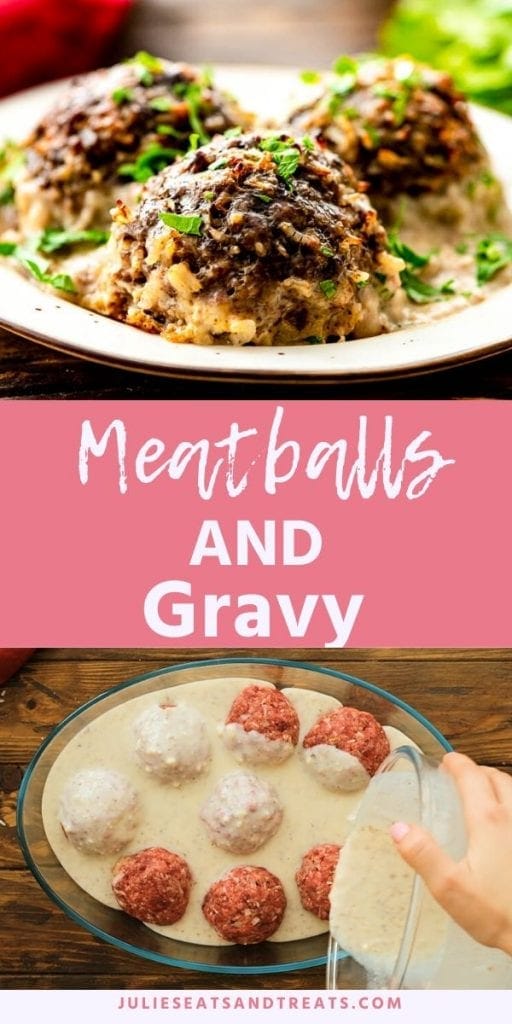 Meatballs and gravy collage. Top image of three meatballs on a plate with gravy and parsley, bottom image of uncooked meatballs in a glass dish with gravy being poured over them