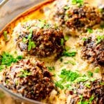 Meatballs and Gravy in casserole dish