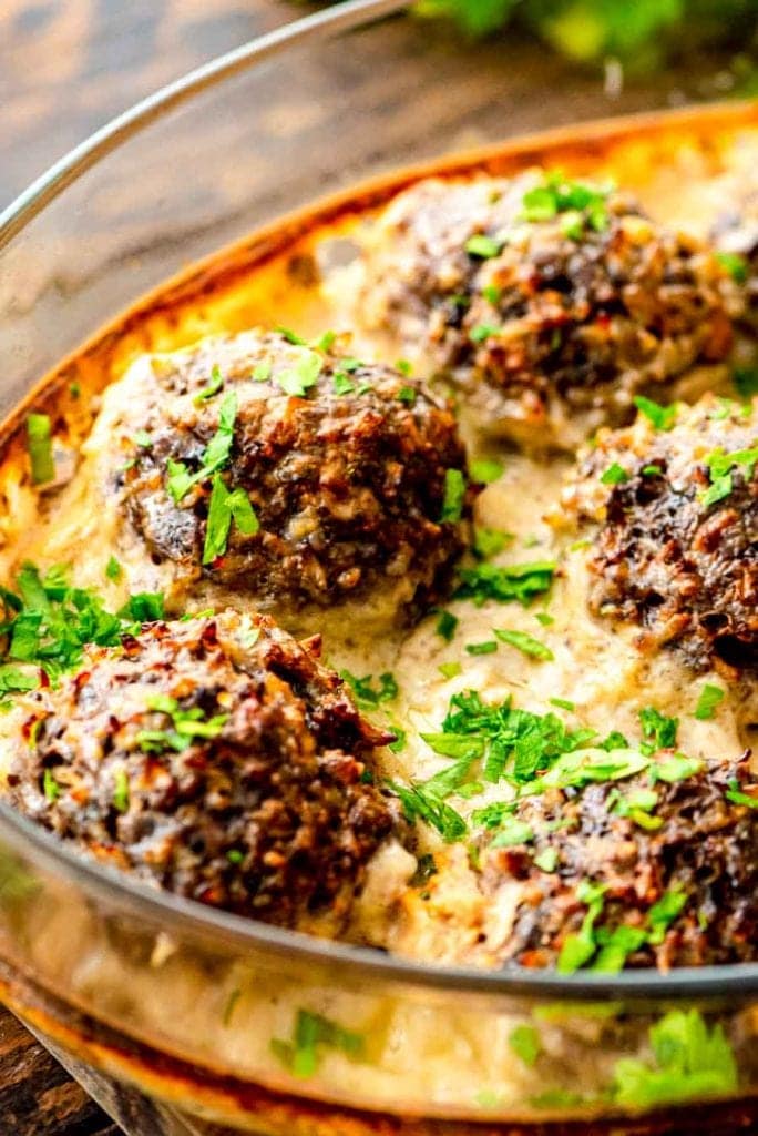 Meatballs and Gravy in casserole dish