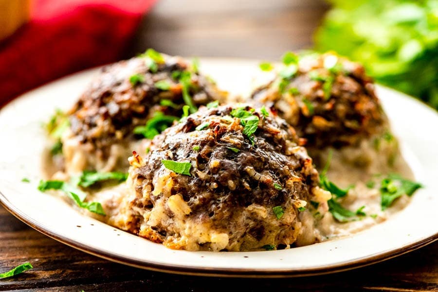 Meatballs and Gravy on White Plate