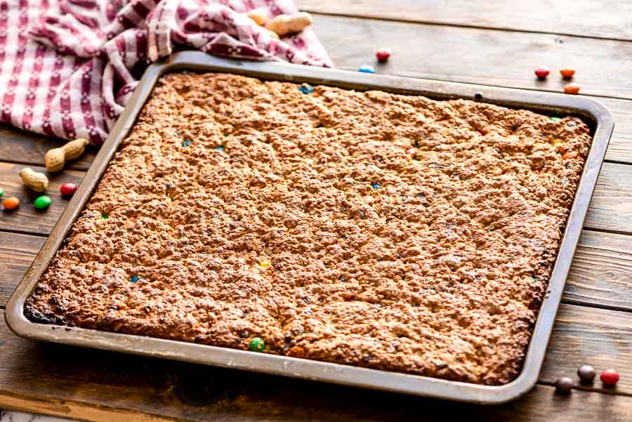 Sheet pan of baked monster bars