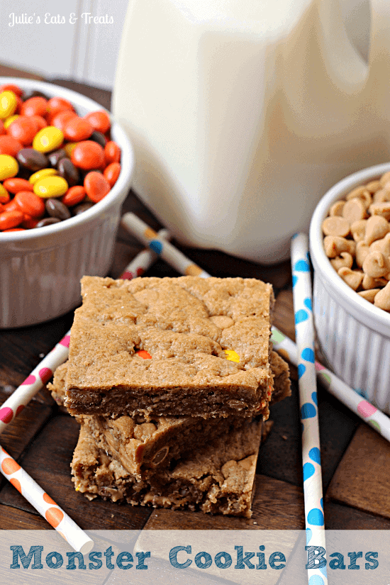 Monster Cookie Bars ~ Soft, chewy bars stuffed full of peanut butter chips and Reese's Pieces! via www.julieseatsandtreats.com