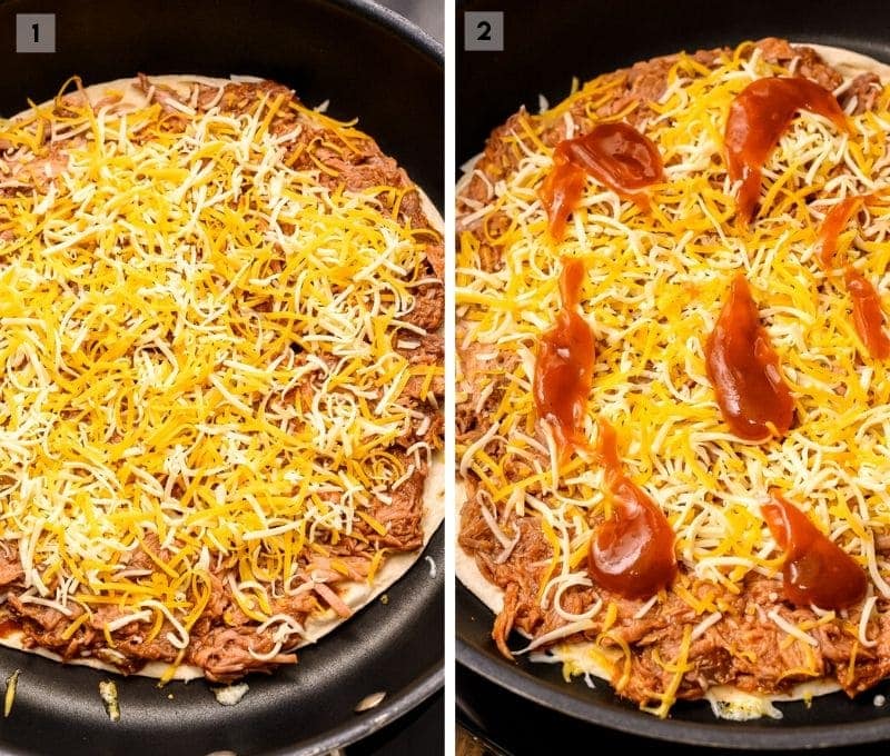 Two Image Collage showing pulled pork cheese and bbq sauce on tortilla in skillet