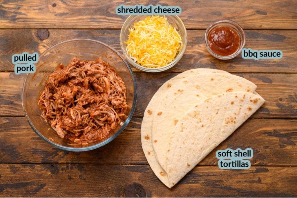 Pic of pulled pork cheese bbq sauce and tortillas