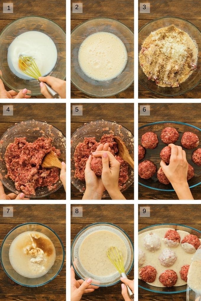 Collage of photos on steps to make meatballs and gravy