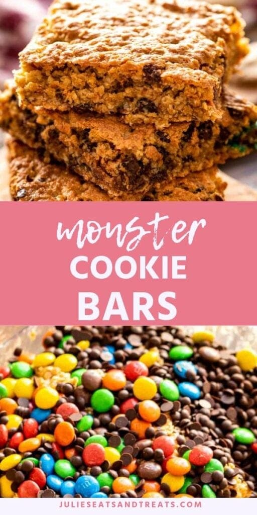 Monster cookie bars pinterest collage. Top image of three monster cookie bars stacked on top of each other, bottom image of m&m's and chocolate chips in a glass bowl
