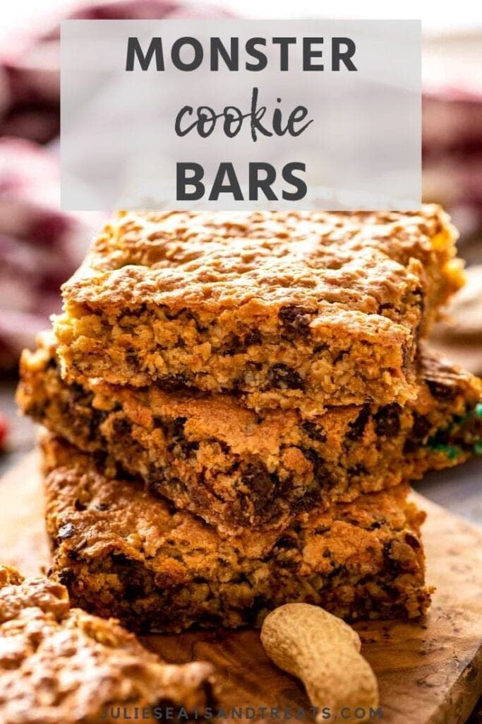 three monster cookie bars stacked on top of each other