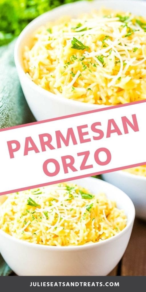 Collage with top image of parmesan orzo in a white bowl topped with shredded parmesan and parsley, middle banner with pink text reading parmesan orzo, and bottom image of parmesan orzo in a white bowl on a wood table