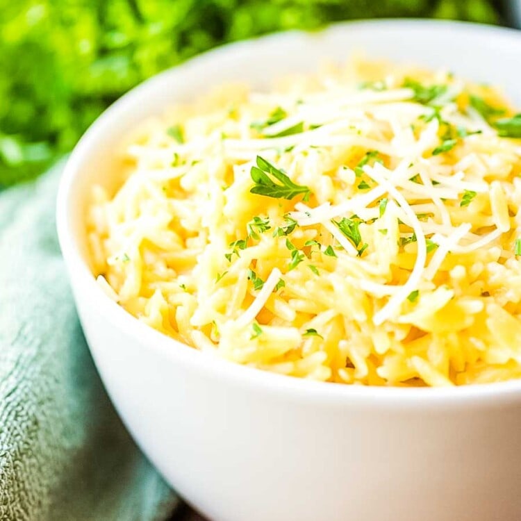 White bowl of Parmesan Orzo