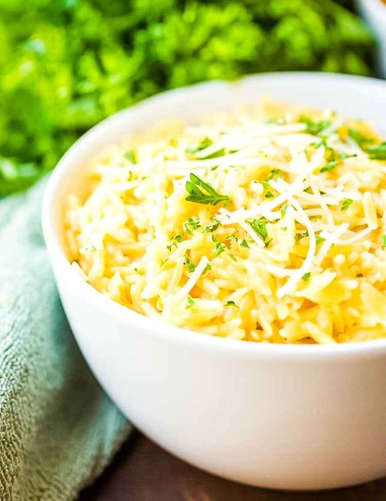 White bowl of Parmesan Orzo