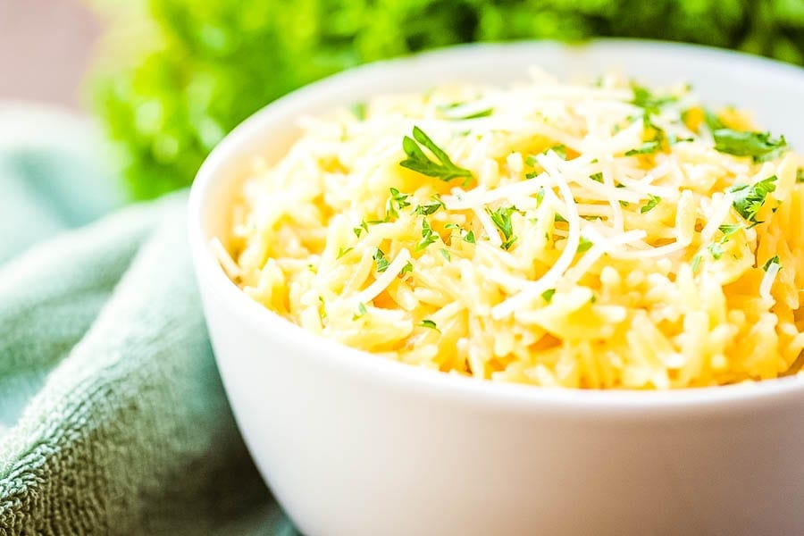 Paremsan Orzo in white bowl