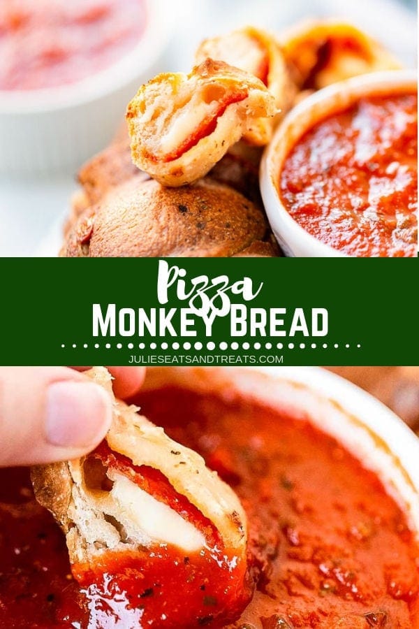 Collage with top image pizza monkey bread next to a bowl of marinara sauce, middle green banner with white text reading pizza monkey bread, and bottom image of monkey bread being dipped into marinara sauce