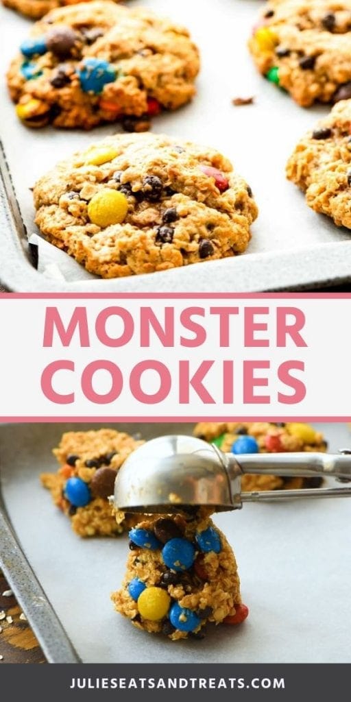 Monster cookies collage. Top image of baked monster cookies on a baking sheet with wax paper, bottom image of cookie dough being scooped onto a baking sheet