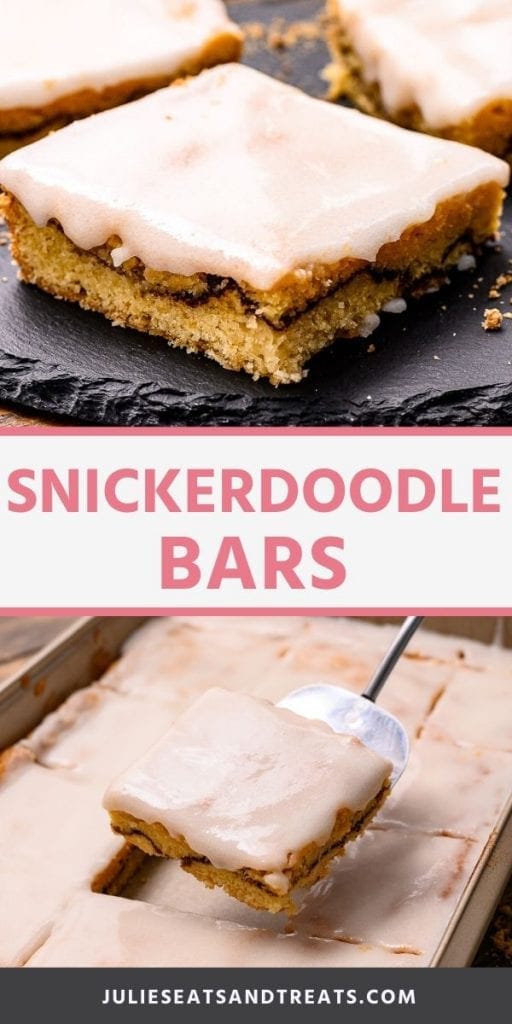 Pinterest image Collage for snickerdoodle bars. Top image is a side view of three snickerdoodle bars on a slate tray, bottom image of a middle bar being lifted out of a pan with a spatula