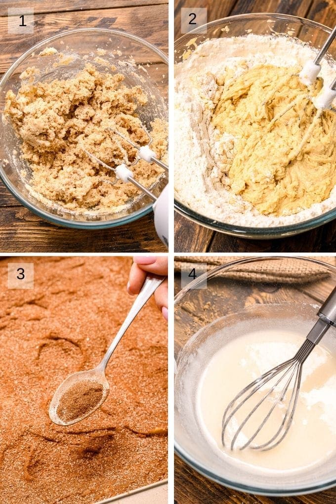 Collage of four images showing steps to make snickerdoodle bars