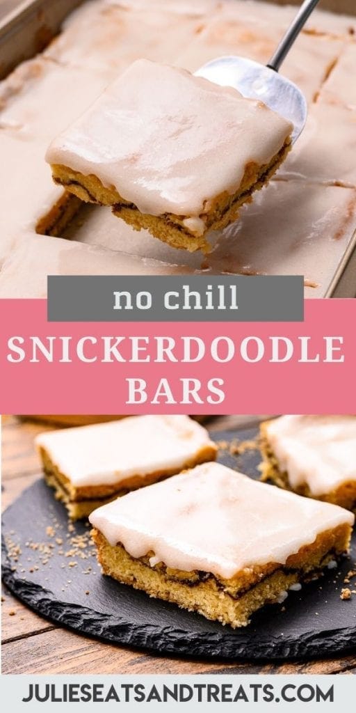 No chill snickerdoodle bars collage. Top image of a middle bar being lifted out a pan with a spatula, bottom image of three bars on a slate tray