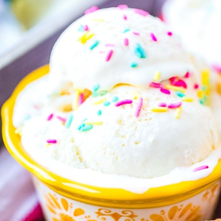 Cake Batter Ice Cream with sprinkles in yellow bowl