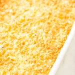 Hashbrown Casserole in white baking dish