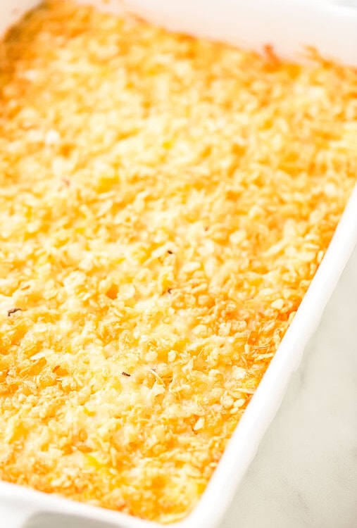 Hashbrown Casserole in white baking dish
