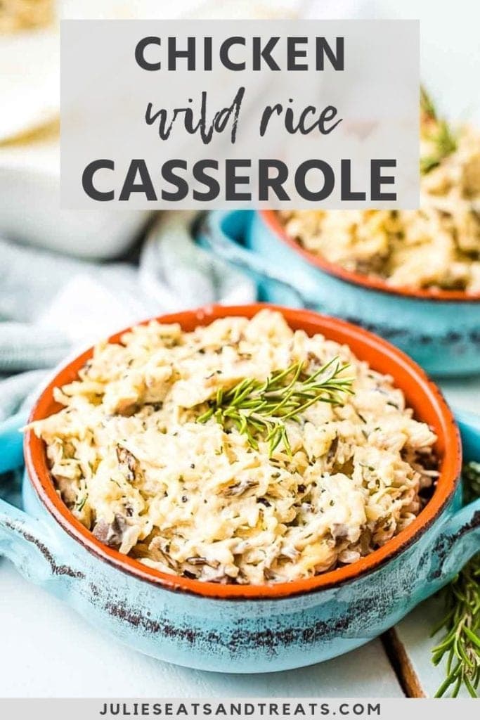 Chicken wild rice casserole in a blue bowl