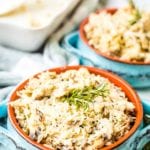 Chicken and Wild Rice Casserole in blue dishes