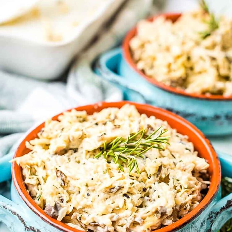Chicken and Wild Rice Casserole in blue dishes