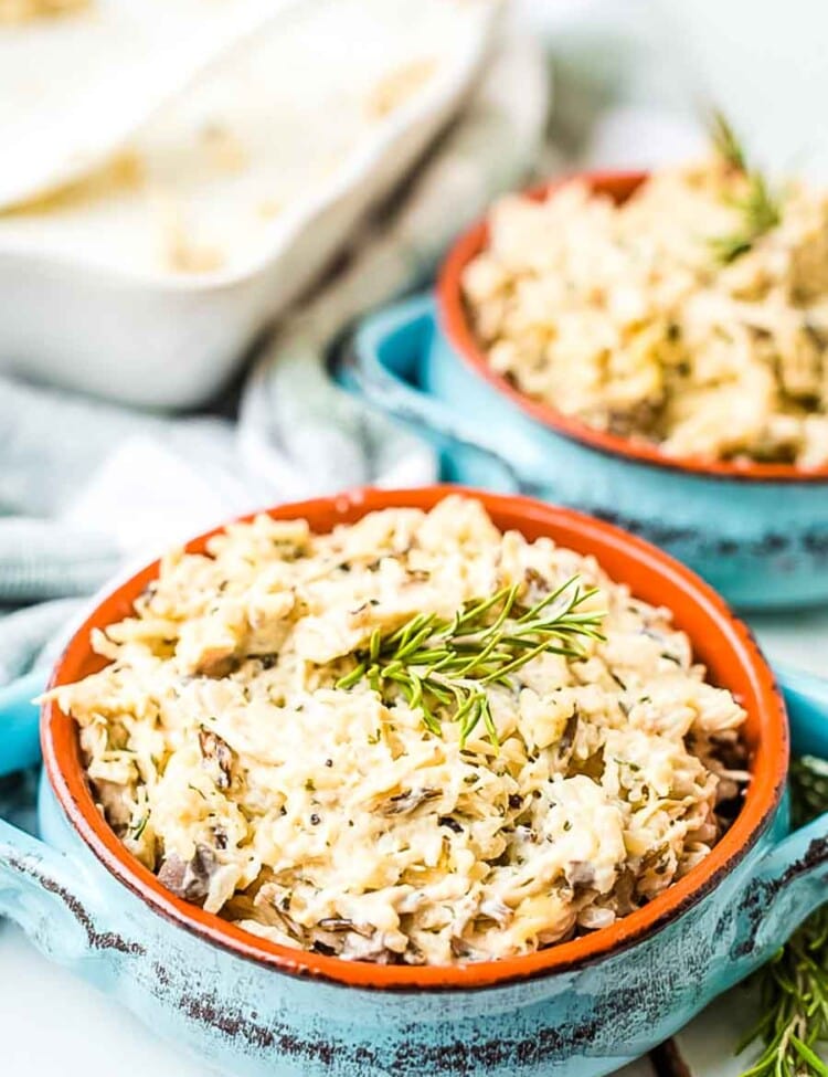 Chicken and Wild Rice Casserole in blue dishes