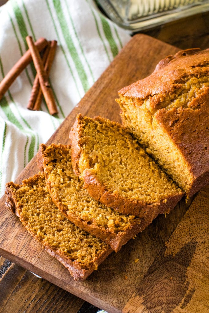 Loaf of pumpkin bread recipe sliced. Directions for how to bake pumpkin bread.