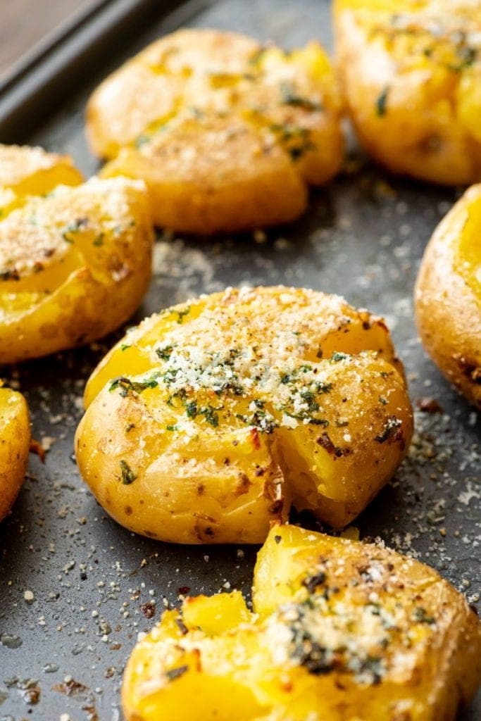 Garlic-Smashed-Potatoes on pan