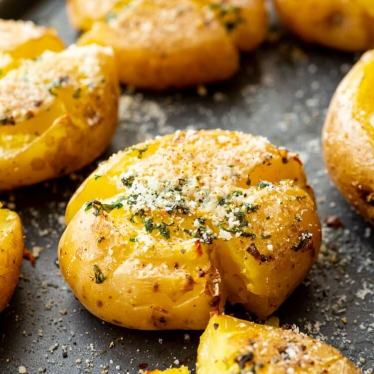Garlic Smashed Potatoes on pan