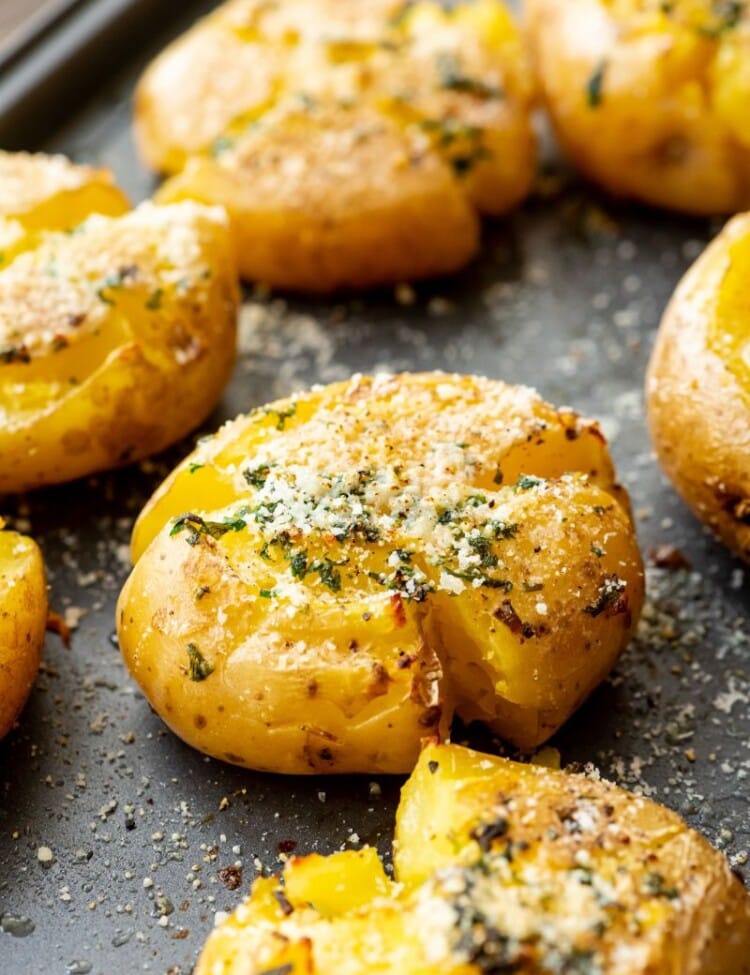 Garlic Smashed Potatoes on pan