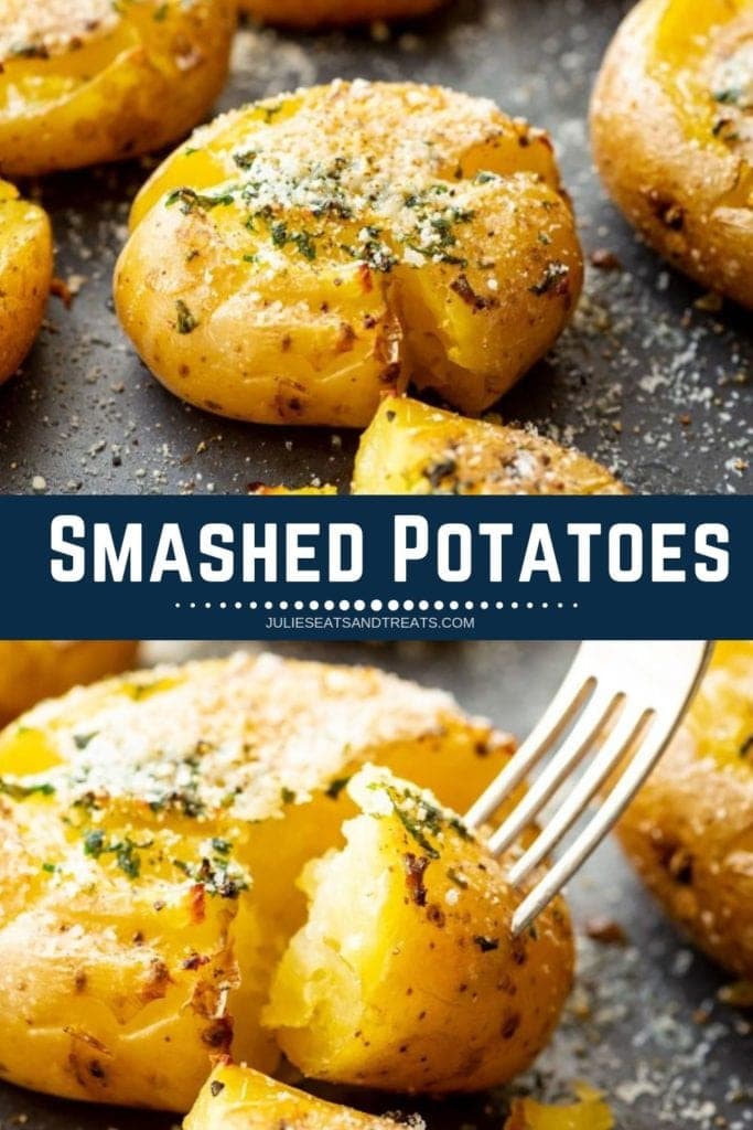 Collage with top image of smashed potatoes on a sheet pan, middle navy banner with white text reading smashed potatoes, and bottom image of a fork pulling off a chunk of smashed potato