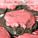 Up close image of andes mint cookies on a red and white striped tray