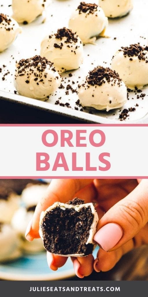 Oreo balls pinterest collage. Top image of oreo balls on a baking sheet, bottom image of a hand holding an oreo ball with a bite missing