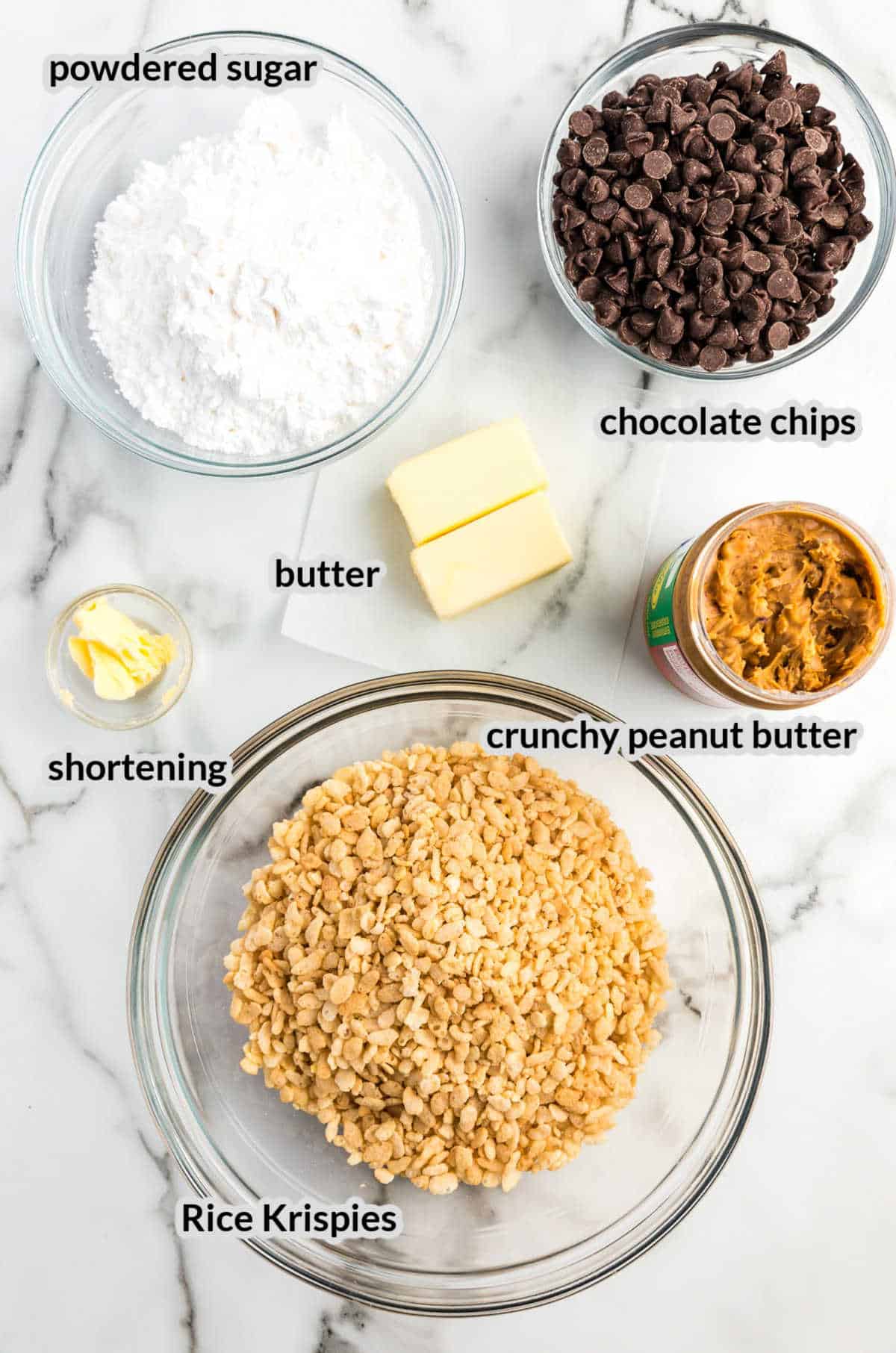 Overhead image of Peanut Butter Balls With Rice Krispies Ingredients