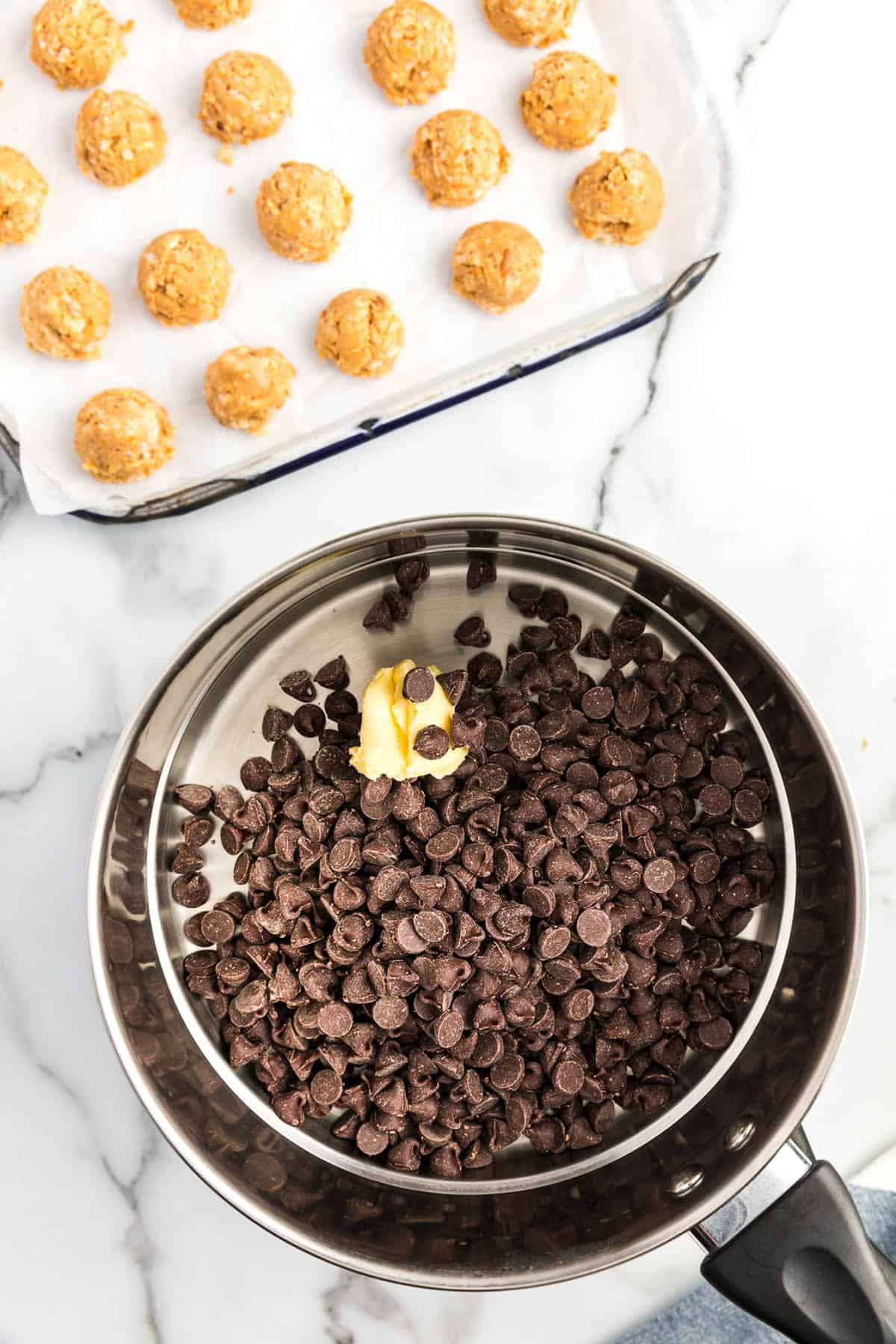 Saucepan with chocolate chips and shortening