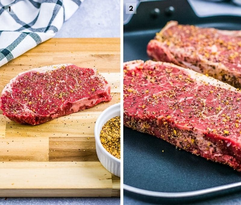 Two image collage of steak with seasoning