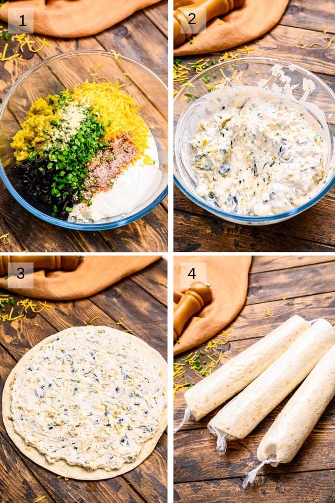 Collage of four images showing how to mix ingredients for pinwheels creamed then spread on tortilla and rolled up