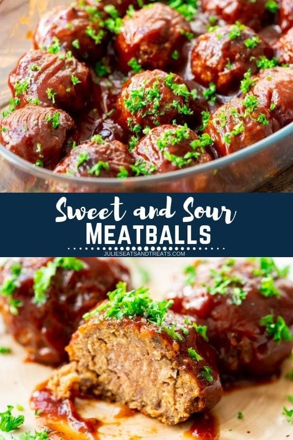 Collage with top image of sweet and sour meatballs in a glass bowl, middle navy banner with white text reading sweet and sour meatballs, bottom image of a meatball with sauce cut in half on a cutting board