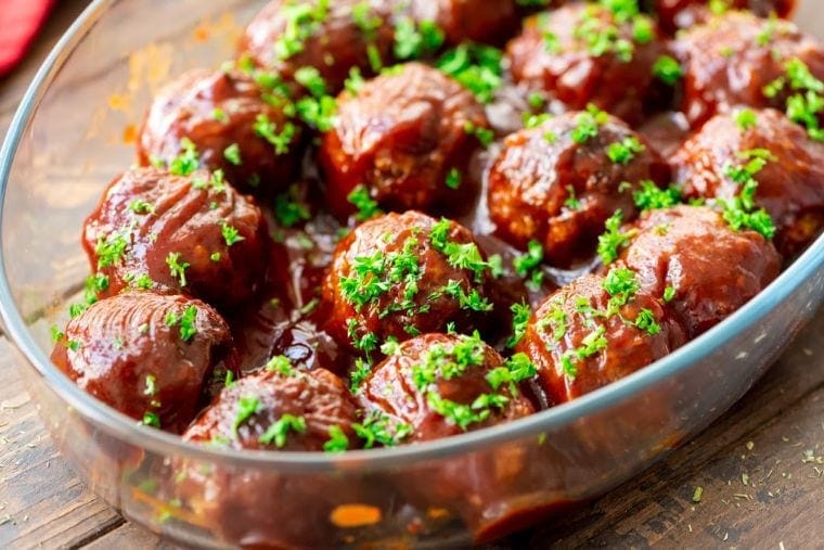 Sweet-and-Sour-Meatballs in glass dish