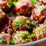 Glass dish of Sweet-n-Sour-Meatballs