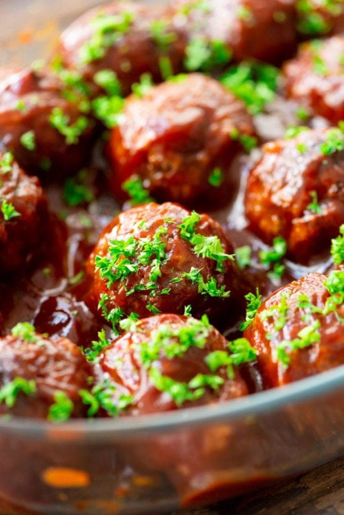 Glass dish of Sweet-n-Sour-Meatballs