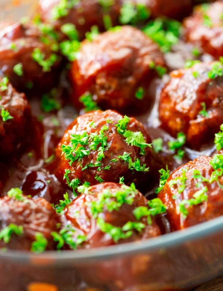 Glass dish of Sweet-n-Sour-Meatballs