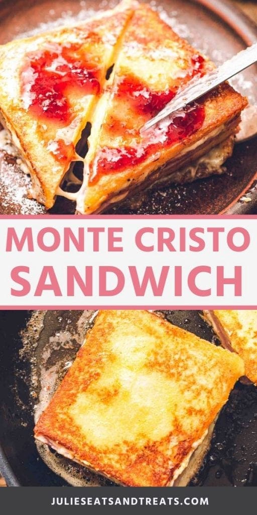 Monte cristo sandwich collage. Top image of a prepared monte cristo sandwich cut in half and dusted with powdered sugar, bottom image of sandwiches being cooked in a pan
