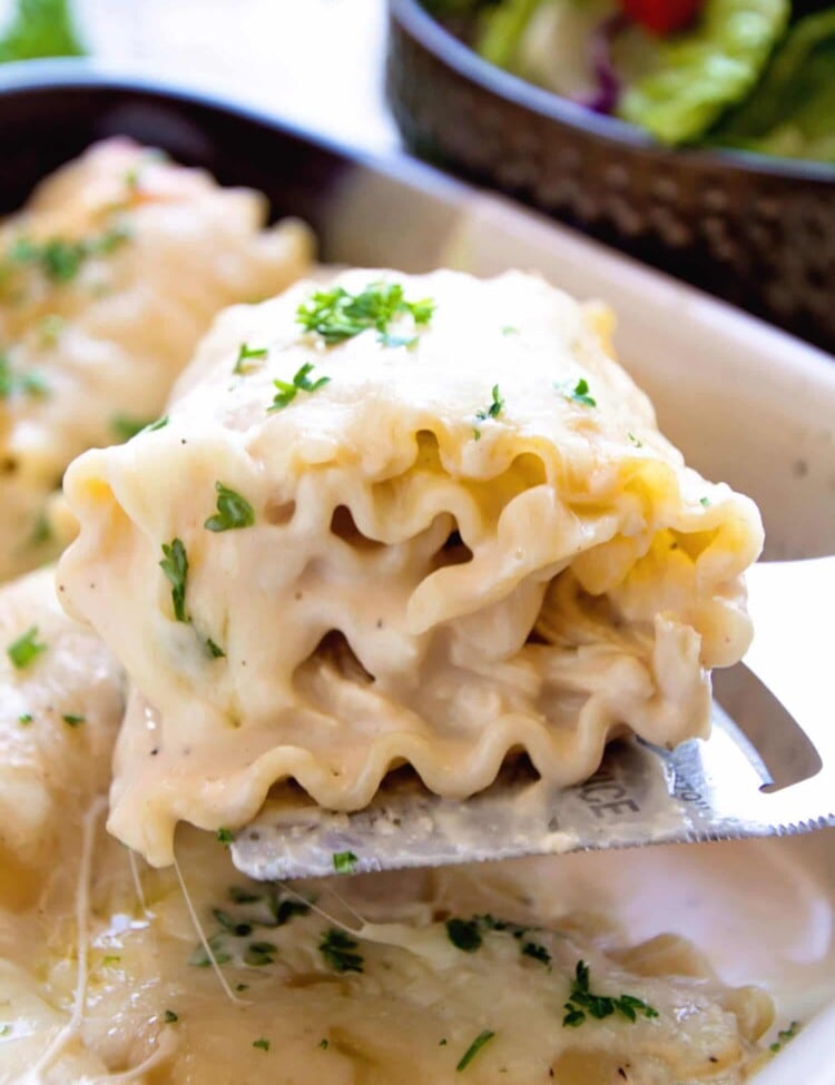 Chicken Alfredo Rollups ~ Creamy and Delicious! Lasagna Noodles Stuffed with Chicken, Cheese and Garlic Alfredo Make for a Quick and Delicious Dinner!