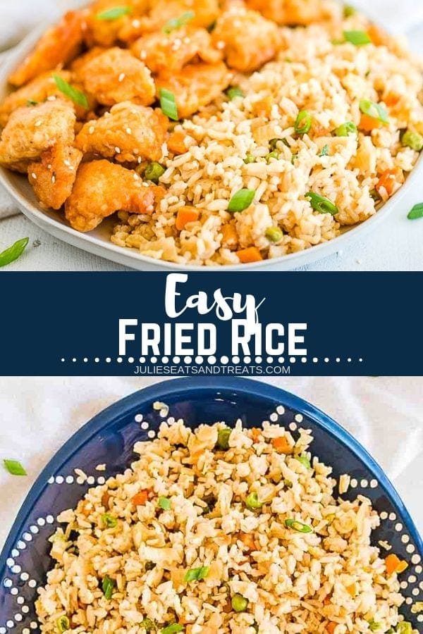 Collage with top image of chicken and rice on a plate, middle banner with text reading easy fried rice, and bottom image of fried rice on a blue platter