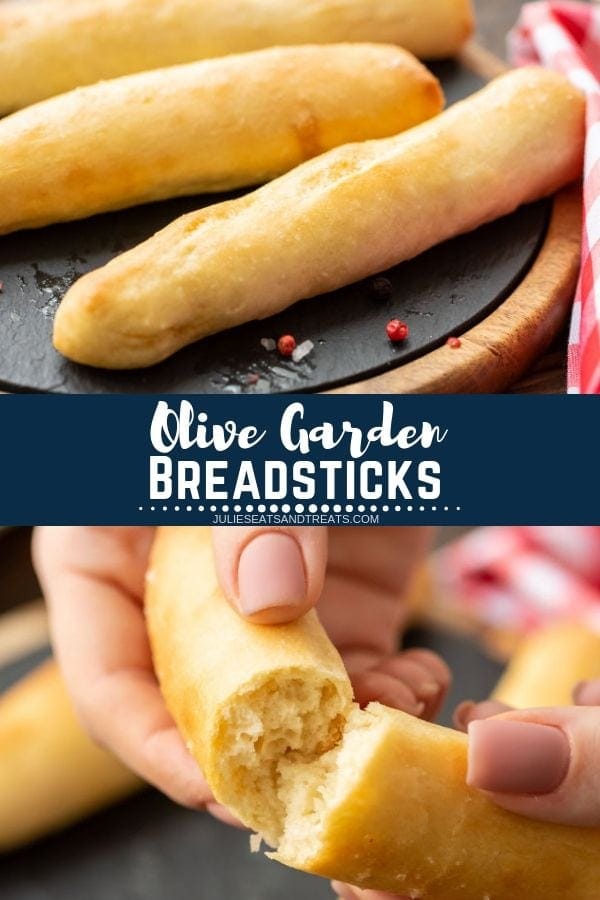 Collage with top image of breadsticks on a black board, middle navy banner with white text reading olive garden breadsticks, and bottom image of hands tearing a breadstick in half