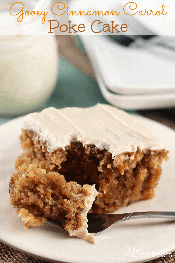 Gooey Cinnamon Carrot Poke Cake ~ Amazingly Moist Cake Stuffed with Carrots, Coconut, Pinneapple, Topped with a Buttermilk Glaze and Cinnamon Cream Cheese Frosting!
